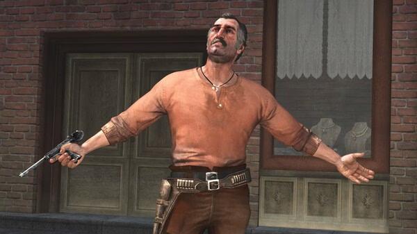 Screenshot from Red Dead Redemption showing a character in an orange shirt holding a revolver outside a brick building.