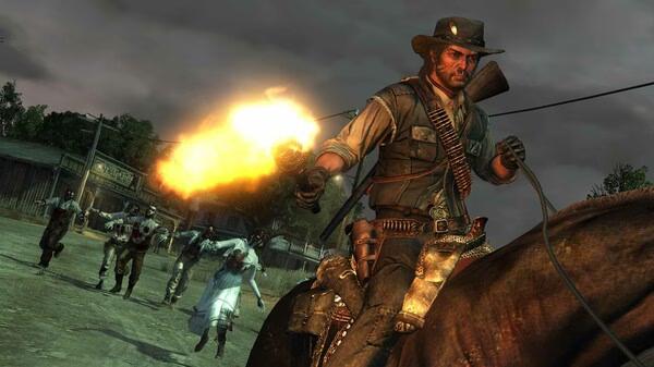 Red Dead Redemption screenshot: A cowboy on horseback fires a weapon as zombies approach in a dark, ominous town setting.