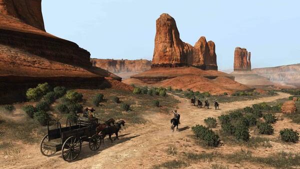 Screenshot from Red Dead Redemption showing riders on horseback and a wagon in a desert landscape.