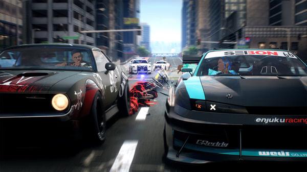 Need for Speed Unbound screenshot: Two cars racing on a city street, with police vehicles in pursuit and dynamic effects visible.