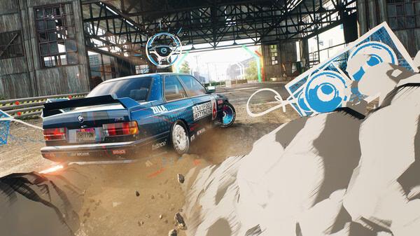 A Need for Speed Unbound screenshot showing a blue car drifting through a warehouse with colorful graffiti effects.