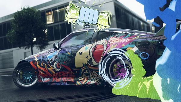 A Need for Speed Unbound screenshot featuring a colorful, graffiti-covered car speeding on a wet city street with stylized effects.