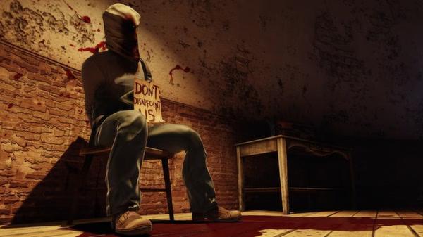 A BioShock Infinite screenshot showing a person tied to a chair with a hood, holding a sign, in a dimly lit room with bloodstains on the wall.