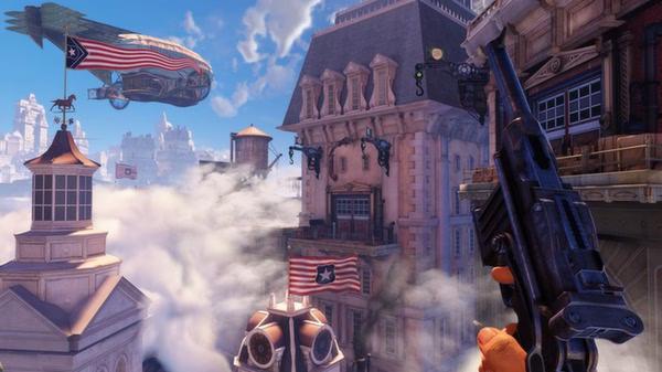 Screenshot from BioShock Infinite showing a character holding a gun, with a zeppelin and floating buildings in the sky.