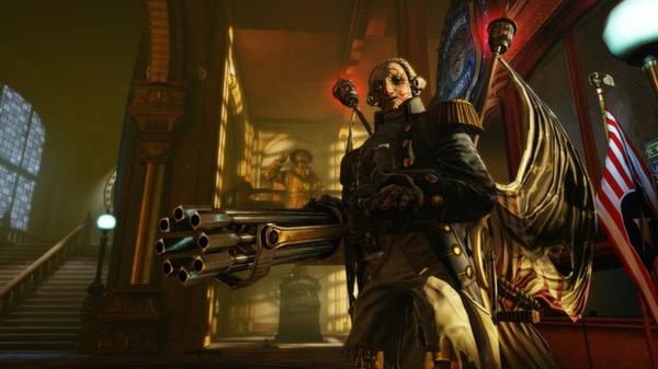 A screenshot from BioShock Infinite showing a Patriot automaton wielding a large gatling gun inside a grand hall.
