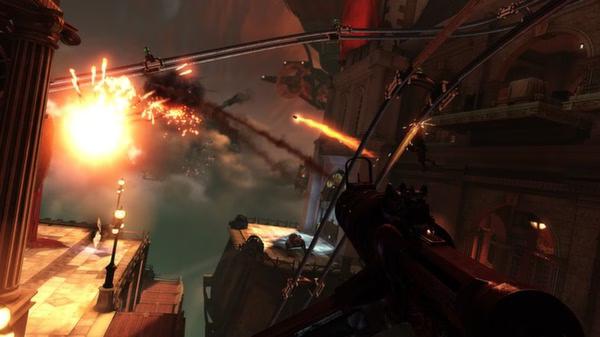 BioShock Infinite screenshot: A chaotic aerial battle with explosions, skyline rails, and a character holding a weapon in combat.