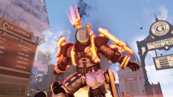 BioShock Infinite screenshot: A fiery enemy in armor stands in front of Columbia's Monument Island and a docking schedule sign.