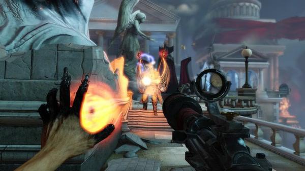 Screenshot from BioShock Infinite showing a first-person view with a fiery hand and a weapon, aiming at an enemy on stone steps.