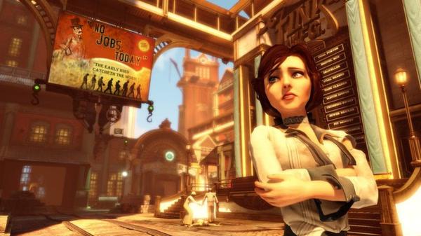 Screenshot from BioShock Infinite showing a character with arms crossed in a vibrant, industrial city street.