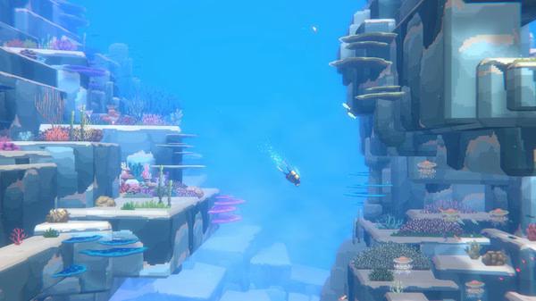 Screenshot from DAVE THE DIVER showing a diver swimming through a vibrant underwater canyon filled with colorful coral and rocks.