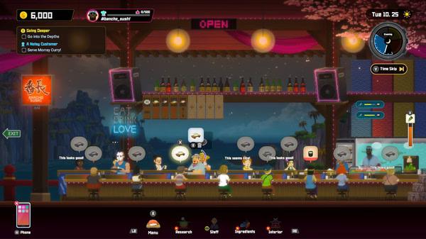 Screenshot from DAVE THE DIVER showing a lively bar scene with characters interacting at a counter under neon lights.