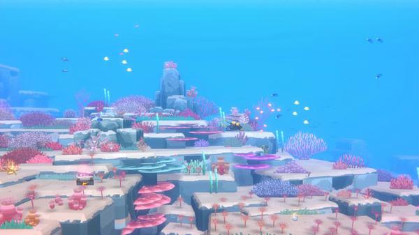 Screenshot from DAVE THE DIVER showing a colorful underwater landscape with coral reefs, fish swimming, and rocky formations.