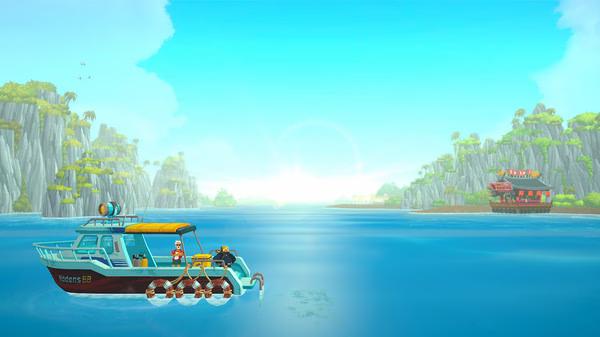 Screenshot from DAVE THE DIVER showing a small boat on the ocean with cliffs in the background and a distant ship.
