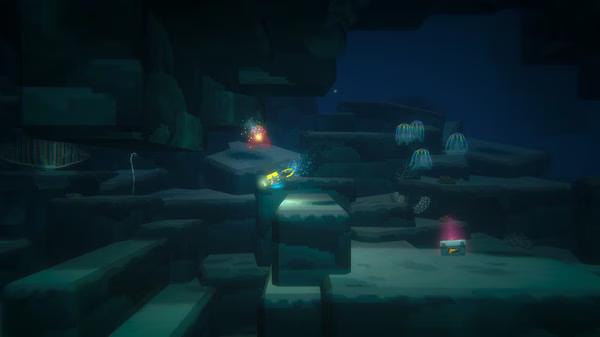 DAVE THE DIVER screenshot: An underwater cave with glowing jellyfish, treasure chest, and diver exploring the deep sea.