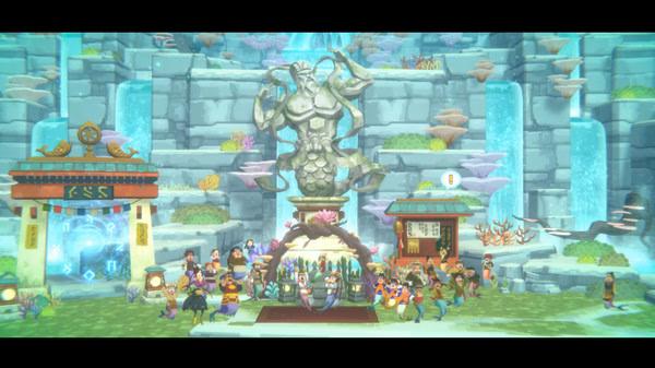 Screenshot from DAVE THE DIVER: Diverse characters gather in front of a grand statue with cascading waterfalls in the background.