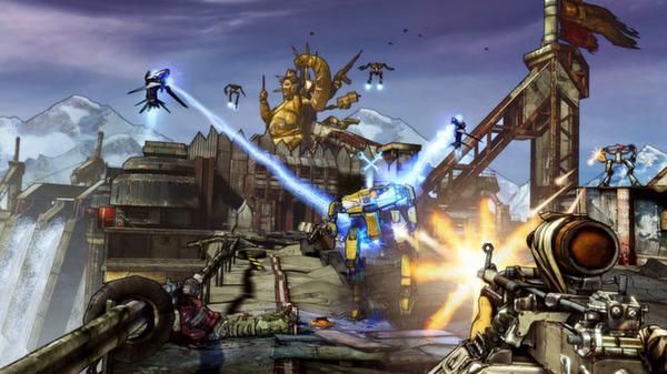 Screenshot from Borderlands 2 showing a player in combat with a Loader Bot on a rooftop, amidst a chaotic battlefield.