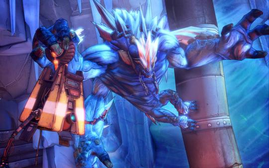 Borderlands 2 screenshot: A large, blue creature leaps toward a robot amidst icy surroundings.