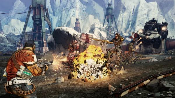 Screenshot from Borderlands 2 showing a chaotic battle scene with characters exchanging gunfire amidst an icy landscape and industrial structures.