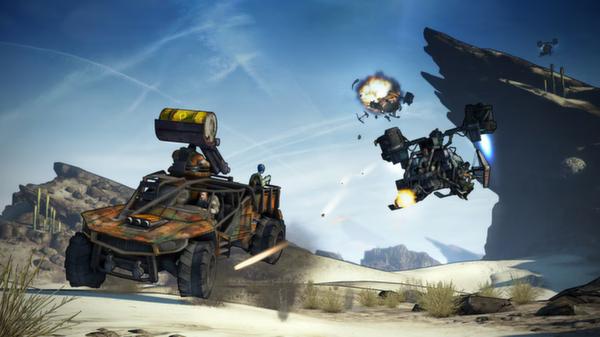 Screenshot from Borderlands 2 showing a desert scene with an armed vehicle and flying drone in combat action.