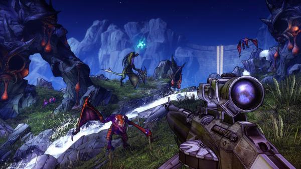 A Borderlands 2 screenshot showing a sniper rifle aimed at alien creatures in a rocky, mountainous landscape.