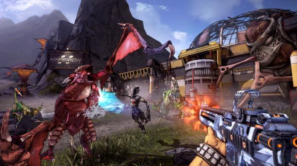 Screenshot from Borderlands 2 showing a character battling alien creatures in front of a Hyperion facility with mountains in the background.
