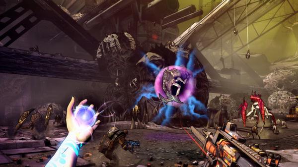 Screenshot from Borderlands 2 showing a player character using a glowing orb ability against robotic enemies in an industrial setting.