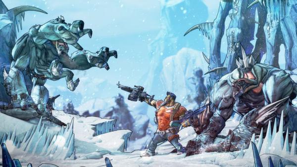 Screenshot from Borderlands 2 showing a character in an icy landscape battling two large, menacing creatures with a gun.