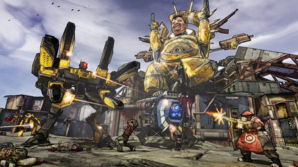 Borderlands 2 screenshot: Players battle a giant robot and enemies in a scrapyard with a large statue in the background.