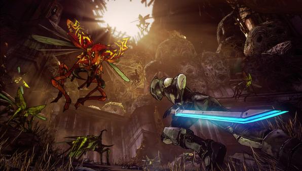 Borderlands 2 screenshot: A character wields a glowing sword, battling insect-like creatures in a desolate, hive-filled environment.