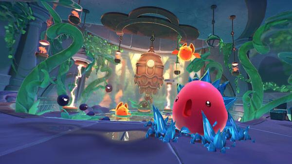Screenshot from Slime Rancher 2 showing vibrant slimes and lush plants in an ornate, colorful environment.