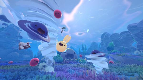 Screenshot from Slime Rancher 2 showing various colorful slimes swirling in a vibrant, alien landscape with blue skies.