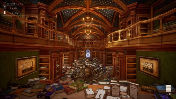 Screenshot of "Librarian: Tidy Up the Arcane Library!" showing a cluttered library with scattered books and a glowing portal.