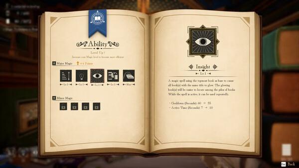 Screenshot from 'Librarian: Tidy Up the Arcane Library!' showing an open spellbook with ability details and magical symbols.