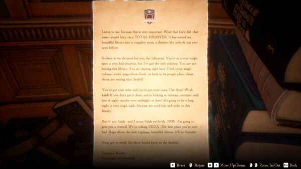 Screenshot from 'Librarian: Tidy Up the Arcane Library!' showing a letter on a table, detailing a library cleanup mission.