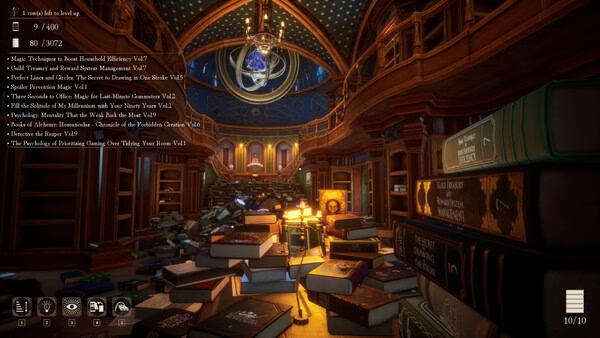 Screenshot from 'Librarian: Tidy Up the Arcane Library!' showing a cluttered library room filled with scattered books and mystical items.