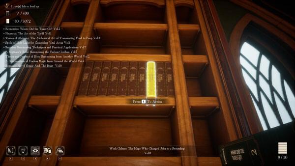 Screenshot from 'Librarian: Tidy Up the Arcane Library!' showing a bookshelf with a glowing book ready to be organized.