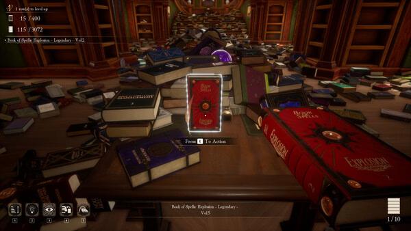 Screenshot of "Librarian: Tidy Up the Arcane Library!" showing a cluttered library with scattered magical books and a red book in focus.