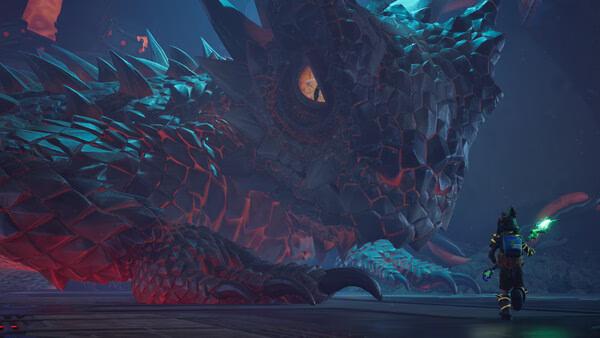 Screenshot from Grounded 2 showing a player facing a giant, detailed dragon in a dark, mystical setting.