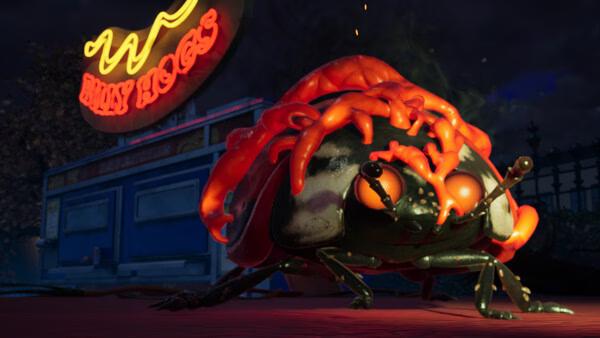 Screenshot from Grounded 2 showing a menacing, large insect with bright orange markings near a neon sign at night.