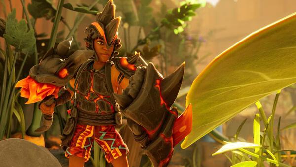 A screenshot from Grounded 2 showing a character in fiery armor wielding a glowing weapon amidst lush, oversized foliage.