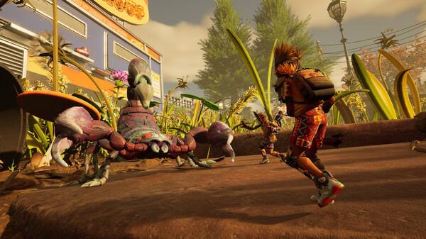 Grounded 2 screenshot: A player character faces a large, detailed crab in a vibrant outdoor environment with buildings in the background.