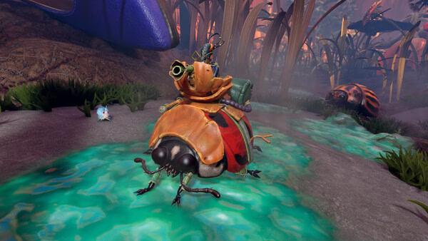 Screenshot from Grounded 2 shows a character riding a large ladybug in a vibrant, oversized garden environment.