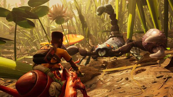 A Grounded 2 screenshot showing a player riding a red ant, facing a large scorpion in a dense, vibrant garden setting.