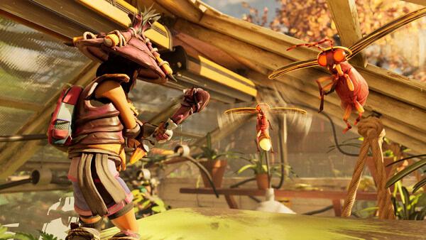 A screenshot from Grounded 2 showing a player character in armor battling two giant insects inside a greenhouse-like environment.