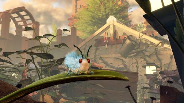 Grounded 2 screenshot: A fluffy moth with red eyes perched on a leaf in a garden, with a wooden shed in the background.