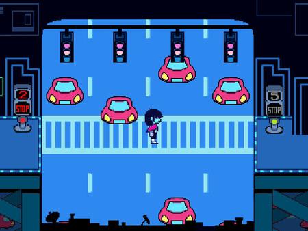 A screenshot from DELTARUNE showing a character crossing a road with red cars stopped at traffic signals in a blue-toned scene.