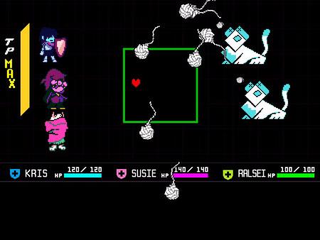 DELTARUNE screenshot: In battle, Kris faces off against a group of animated cats while navigating a heart through obstacles.