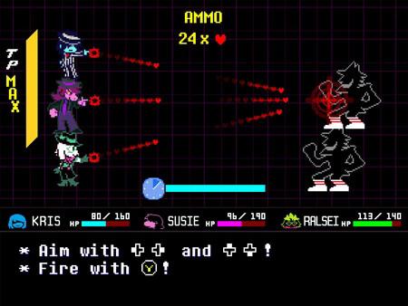 DELTARUNE screenshot: Kris, Susie, and Ralsei battle an enemy, dodging red projectiles on a grid-styled background.
