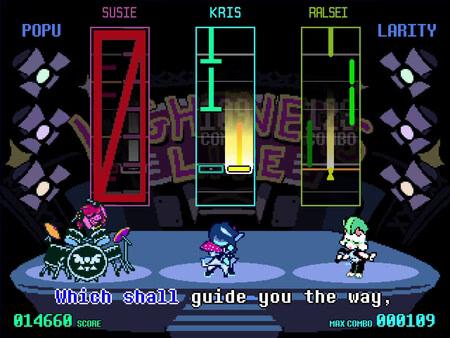 DELTARUNE screenshot: Susie, Kris, and Ralsei engage in a rhythm battle on stage, with score bars above them.