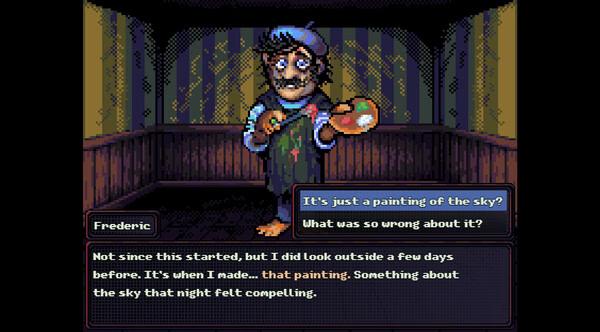 A screenshot from 'Look Outside' showing Frederic holding a paint palette and brush, with dialogue about painting the sky.